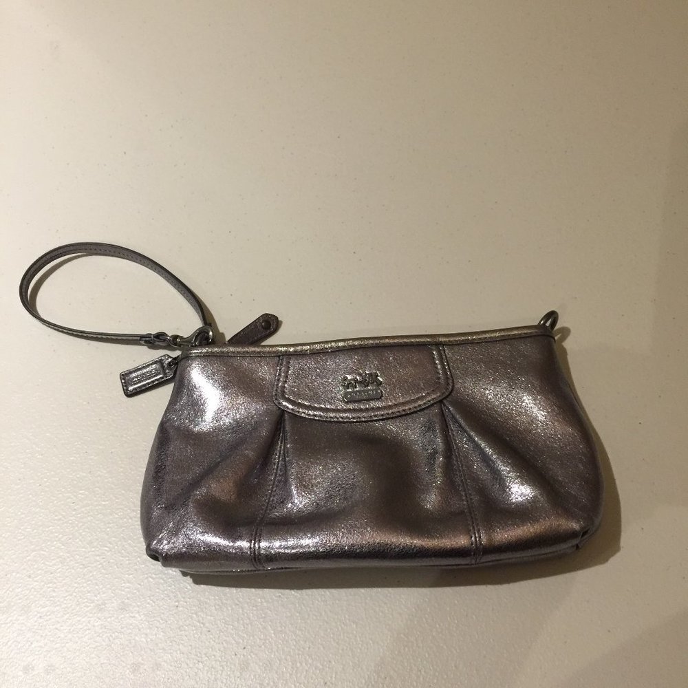 Coach Shiny Metallic Silver Large Wristlet Small Purse Handbag Wallet